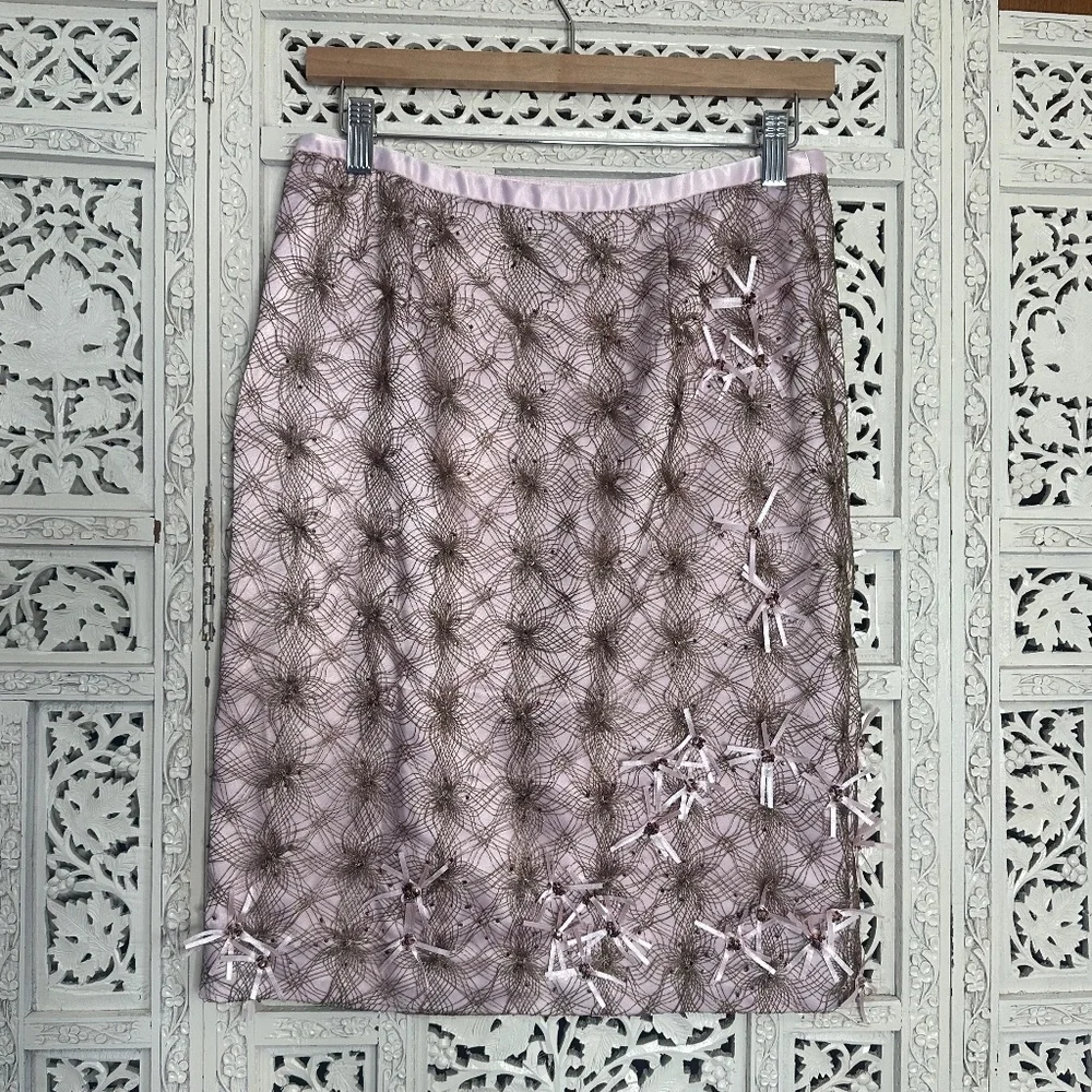Y2K Pink & Gold Ribbon Beaded‎ Fairy Preppy Coquette Pencil Skirt Sz Small